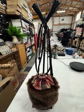 Burberry BLUE LABEL CRESTBRIDGE Black Leather & Brown Faux Fur Bag